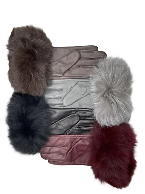 Women Genuine Fox Fur Warm Gloves Real Lambskin Leather Cashmere Lined Gloves - Image 1 of 4