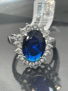 Silver Sapphire Ring Blue Princess Diana oval dress middleton cz - Picture 1 of 12