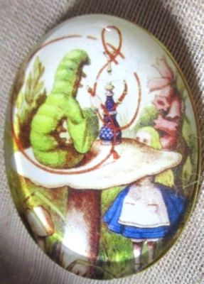 XL BOTÓN FOTO CÚPULA CRISTAL "ALICIA EN EL PAÍS DE LAS MARAVILLAS" ALICIA CON LA ORUGA VERDE Foto 1 de 3