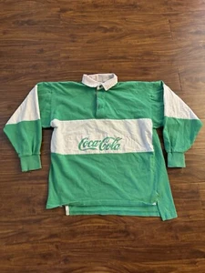 Vintage 90s Coca Cola Rugby Shirt Green Long Sleeve Polo Size M - Picture 1 of 3