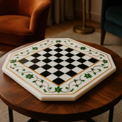 Marble inlay Chess board  15" –Luxury Inlay Game  with Black Stone Squares - Image 1 of 4