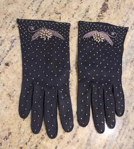Vintage Size M/L Black Stretch Formal 8" Gloves 3D Beaded Flower Wings Cosmic - Picture 1 of 22