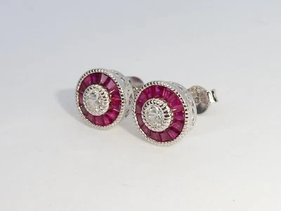 Signore Halo Design argento 925 con rubino e zaffiro orecchini - Immagine 1 di 4