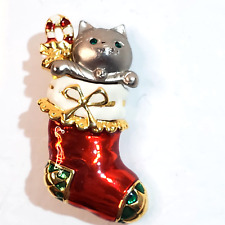 Vtg Danecraft Gold Silver Tone Metal Enamel Cat in Stocking Christmas Brooch Pin