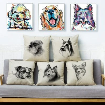 Watercolor Pencil Drawing Dog Pattern Cushion Cover Animal Printed Car Sofa Home - Image 1 of 4