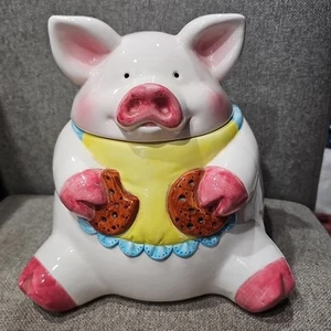 Piggy Cookie Jar Figurine Russ Berrie & Co. Ceramic Pig Yellow Apron, Cracked - Picture 1 of 12