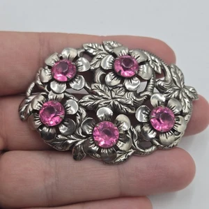 Vintage Brooch Victorian C Clasp Pink Rhinestone Reppouse Floral Large Antique - Picture 1 of 6