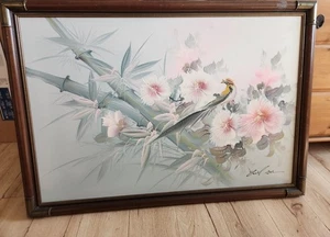 Vintage gelber Langschwanzvogel in Blumen signiert Ölgemälde - Bild 1 von 8