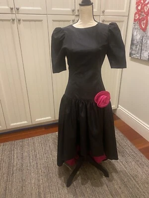 80s Prom Dress Vintage Black With Pink Flower High Low Gown - size 2/4 - Image 1 of 4