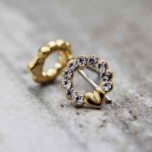 Girls Women Kids Gold Plated 9mm Cute Crystal Hoop Ring Heart Love Stud Earrings - Picture 1 of 8