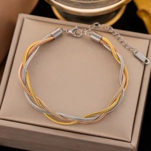 Woman 18K Gold Plated Stainless Steel Triple Layers Snake Chain Bracelet Bangle - Picture 1 of 1