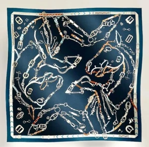 Hermes Shawl Scarf Chevaux Dechaines Chain Navy Stole Cashmere Silk Auth New 140 - Picture 1 of 12