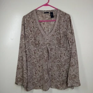 Axcess Liz Claiborne Sz L Paisley Taupe Chiffon Blouse Long Sleeve Baby Doll  - Picture 1 of 5