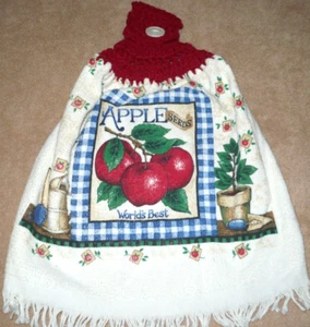 1 Crochet Top Hanging Kitchen Towel Apples Seeds Worlds Best, Single burgundy ya - Picture 1 of 1