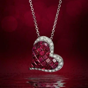 14K White Gold Finish Over Ruby & Diamond Heart Pendant with "18 Chain Necklace - Picture 1 of 3