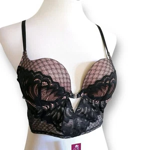 Adore Me 36B Bra Black Lace Plunge Camilla Push Up Underwire Rhinestone Longline - Picture 1 of 8