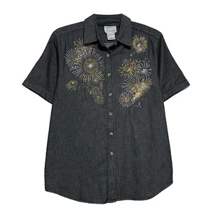 Quacker Factory, QVC, Dark Wash Jean Shirt with Embroidered Designs, size L - Picture 1 of 4