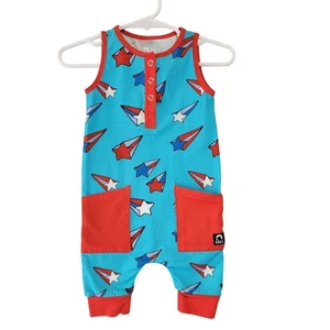 Rags Shooting Star Romper 6-12m FOJ Red White Blue Pull On Sleeveless Pockets - Picture 1 of 3