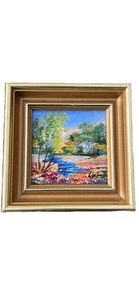 Mini Pintura al Óleo Original Paisaje Lago Follaje Escena Enmarcada Firmada 5x5 - Imagen 1 de 10