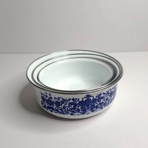 Juego de 3 cuencos mezcladores vintage de metal blanco esmaltado floral azul - Imagen 1 de 12