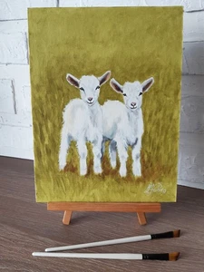 Weiße Baby Ziegen Original Ölgemälde Bauernhaus Kunst 12 mal 9 Bauernhoftier. - Bild 1 von 7