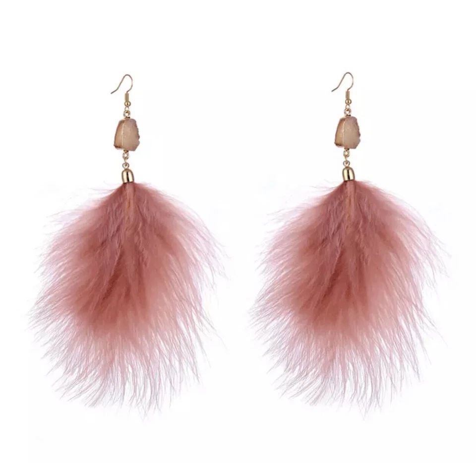 Boho Pink Feather Druzy Stone Drop Hook Earrings Nickel Free Hypoallergenic - Image 1 of 1