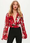 Missguided Floral Print Plunge Bodysuit Red Thong Size 0