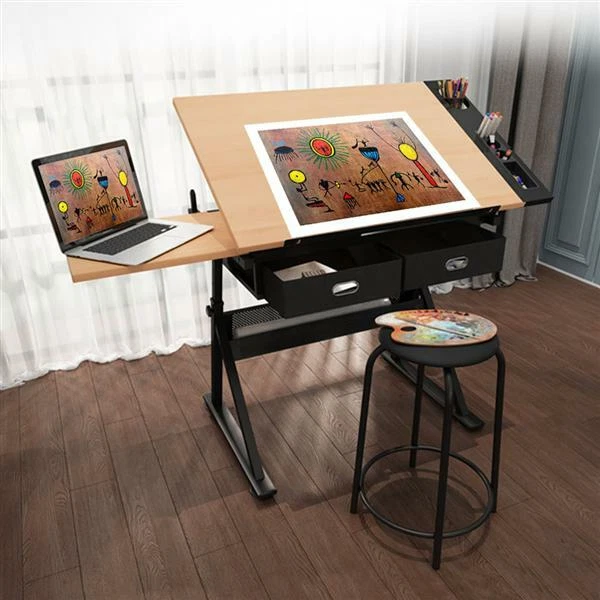 Art Craft Desk Drafting Table with 2 Drawers and Stool Height/ Tiltable Tabletop - Image 1 of 4