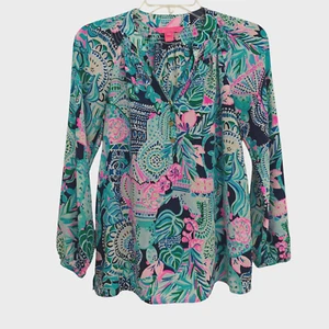 Top Lilly Pulitzer Elsa 100 % seda talla XXS azul rosa lookin estampado nítido Resort - Imagen 1 de 12