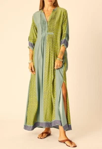 NATALIE MARTIN Sammie Blue Green Silk Maxi Dress Block Zigzag Print Lime XS $390 - Picture 1 of 9