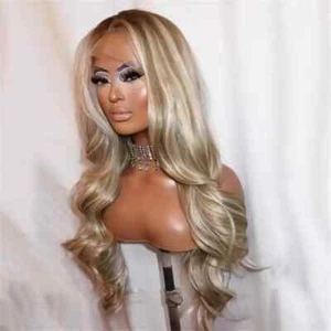 Golden White Blonde Wigs with Ash Highlight Lace Front 100% Human Hair Wigs - Picture 1 of 8