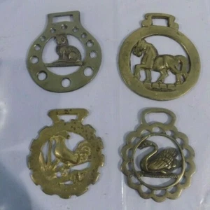 Horse Brass Medallions Lot of 4 with Animal Decorations Cat Horse Birds - Picture 1 of 9