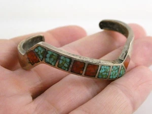 Southwestern Sterling Silver Crushed Turquoise Coral Inlay Zigzag Cuff Bracelet - Picture 1 of 20