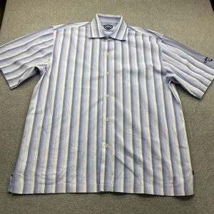 Callaway Shirt Mens Large Short Sleeve Button Up Blue Stripe Cotton Twill Logo - Picture 1 of 13