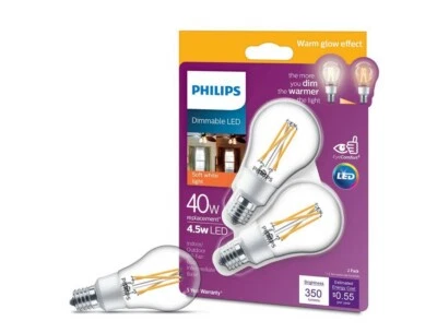 2 Philips 40W Warm Glow Softwhite A15 Candelabra LED Decorative Light Bulb - Image 1 of 3
