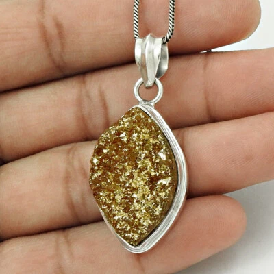 Weihnachtsgeschenk Goldener Druzy Stein Echtsilber 925 Chunky Hippie Anhänger - Bild 1 von 4