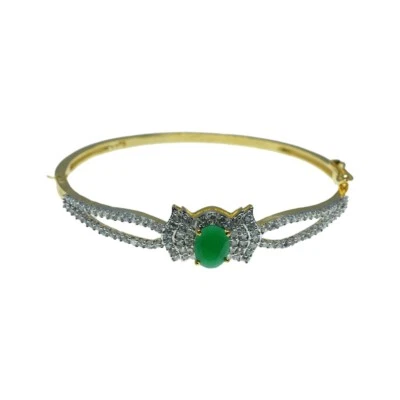Brazalete pulido doble tono tachonado esmeralda y circonita cúbica para mujer FB-1020 Foto 1 de 2