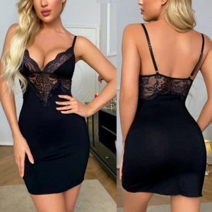 Women Babydoll Nightgown Chemises Lace Sleepwear V-Neck Full Slip Sleep Dress - Picture 1 of 20