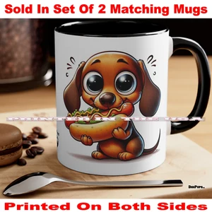 DigiPups Dachshund Puppy Dog Eating Weiner Hot Dog Cartoon Coffee Cup 2 Mug Set - Picture 1 of 3