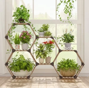 Hexagonal Plant Stand 7tier Wooden Indoor Outdoor Shelf For Plants Transformable - Picture 1 of 4