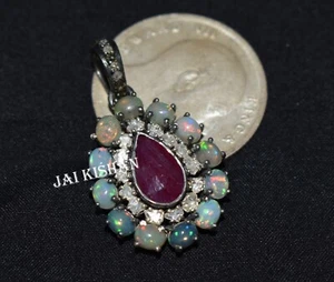 Polki Uncut Pavé di Diamanti 925 Argento Sterling Rubino Opale Gemma Pendente - Foto 1 di 7