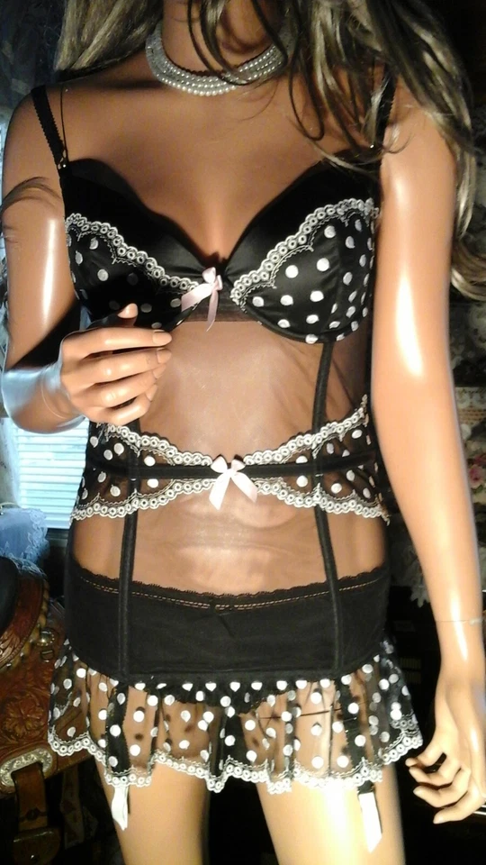 Nuevo con etiquetas Victorias Secret 36D Sexy Negro Blanco Lunares Corsé Liguero Bustier 36 D Foto 1 de 4