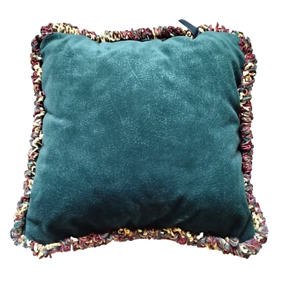 Portofino Throw Pillow Deep Green Forest Color Soft Suede Looped Fringe 15x15 - Image 1 of 4