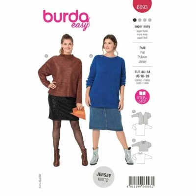 BURDA 6093 PULLOVER TOPS Misses Plus Sewing Pattern Sizes 18 - 28 Skill: EASY - Image 1 of 4