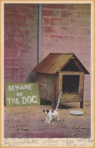 Humor-'Beware of Dog" Tiny puppy chained to large dog house - 1907 - Picture 1 of 2