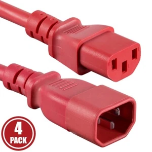 4x 3FT Power Extension Cord Cable IEC Kettle C14 To C13 Male To Female 18/3 Red - Picture 1 of 7