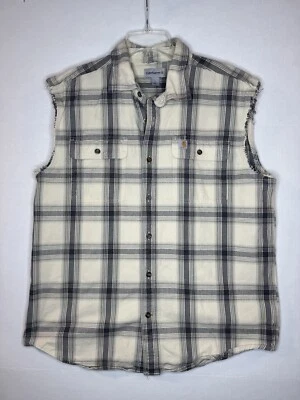 Carhartt Men’s Sz L Beige Plaid Flannel Vest Button Work Shirt 104451 121 - Image 1 of 4