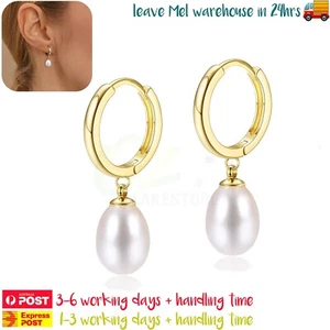 1 Pair Pearl Dangly Gold Plated Huggie Hoop Earrings Ear Piercing Studs - Picture 1 of 4