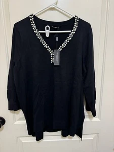 Suéter ligero manga 3/4 adornado negro cable & gauge para mujer 1X nuevo con etiquetas - Imagen 1 de 2