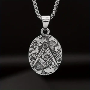 Freemason Medallion Necklace Jewelry Vintage Silvery Pendant - Picture 1 of 9